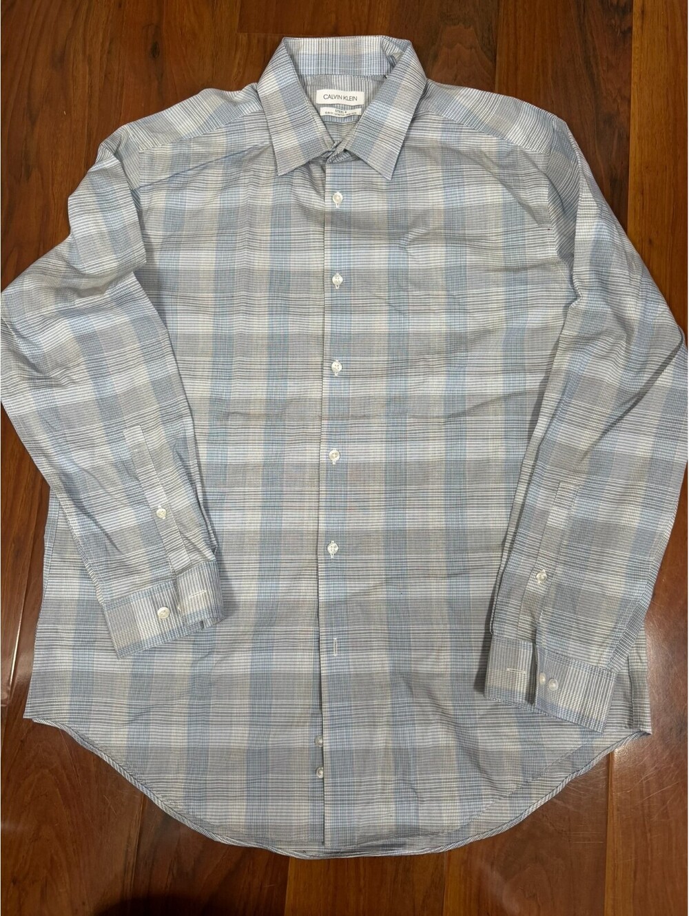 Calvin Klein Steel+ Slim Dress Shirt 16 32/33 (L) Blue/Gray Stripe Plaid Stretch